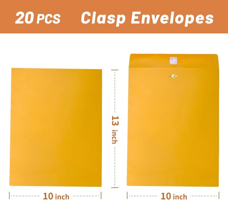 Creebe 20 Pcs Clasp Envelopes 10x13, Large Yellow 10 x 13 Manilla Envelopes with Clasp and Gummed Seal for Mailing, 100 GSM Kraft Paper - Image 2